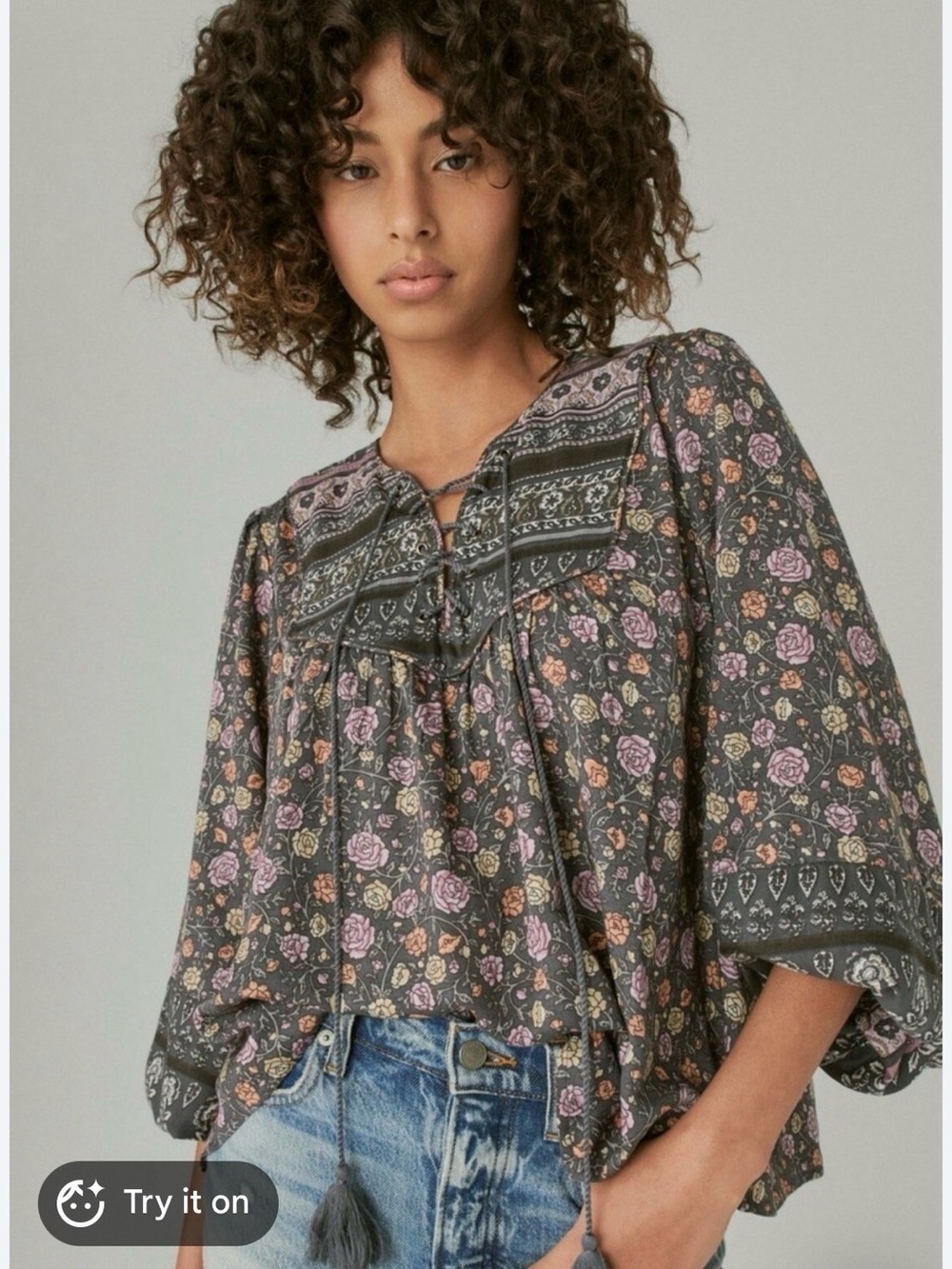 Lucky Brand Lace Up Border Print Peasant Blouse Lace Up Floral